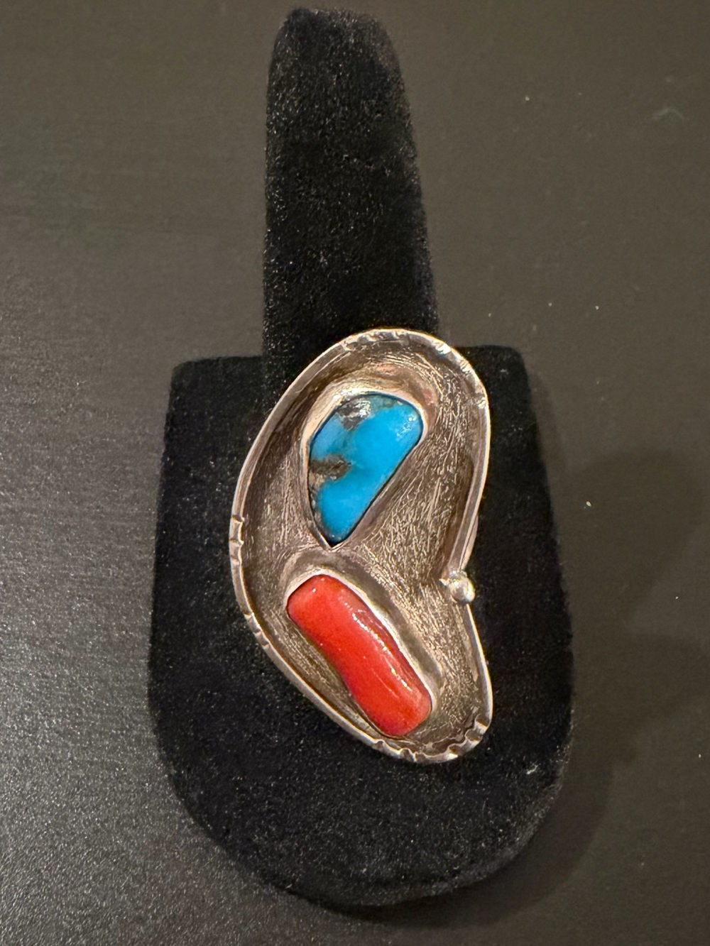 Silver Ring Handmade With Bisbee Turquoise and Coral. Size 7.